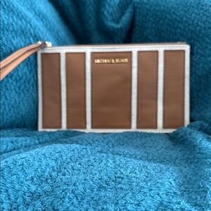 Michael Kors Tan and White Striped Wristlet